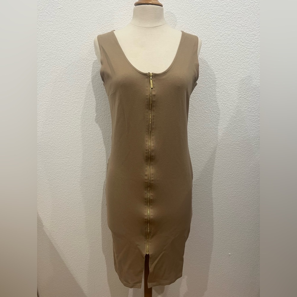 Nicki‎ Minaj Tan Bodycon full zip sleeveless dress size Large